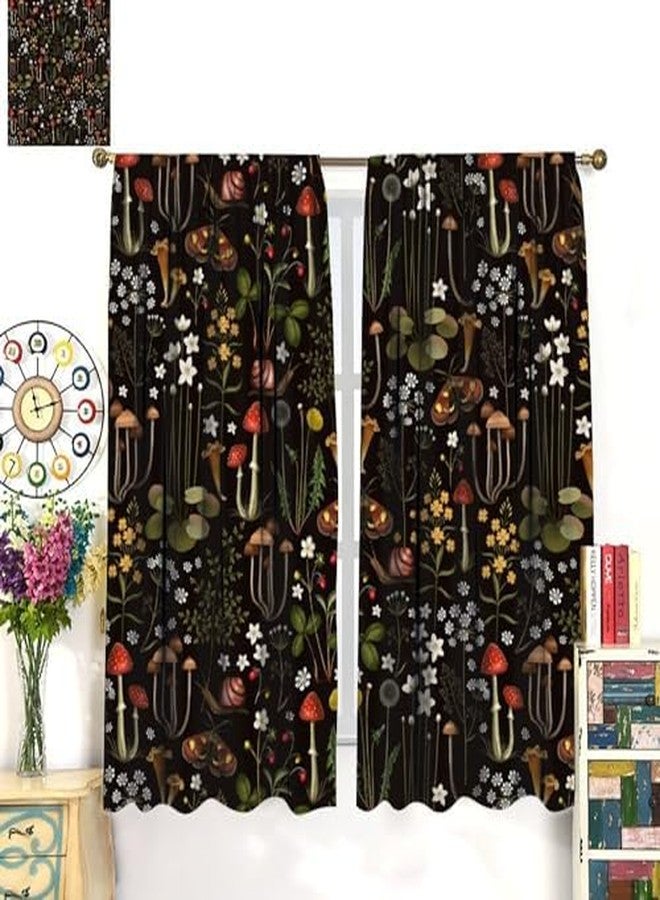 KANEPE Retro Mushroom Curtains, Fairy Forest Flowers Vintage Botanical Mushroom Black Background Window Treatments, Rod Pocket Thermal Insulation Drapes for Living Room Kitchen Decor, 42" W X 45" L - Image 3